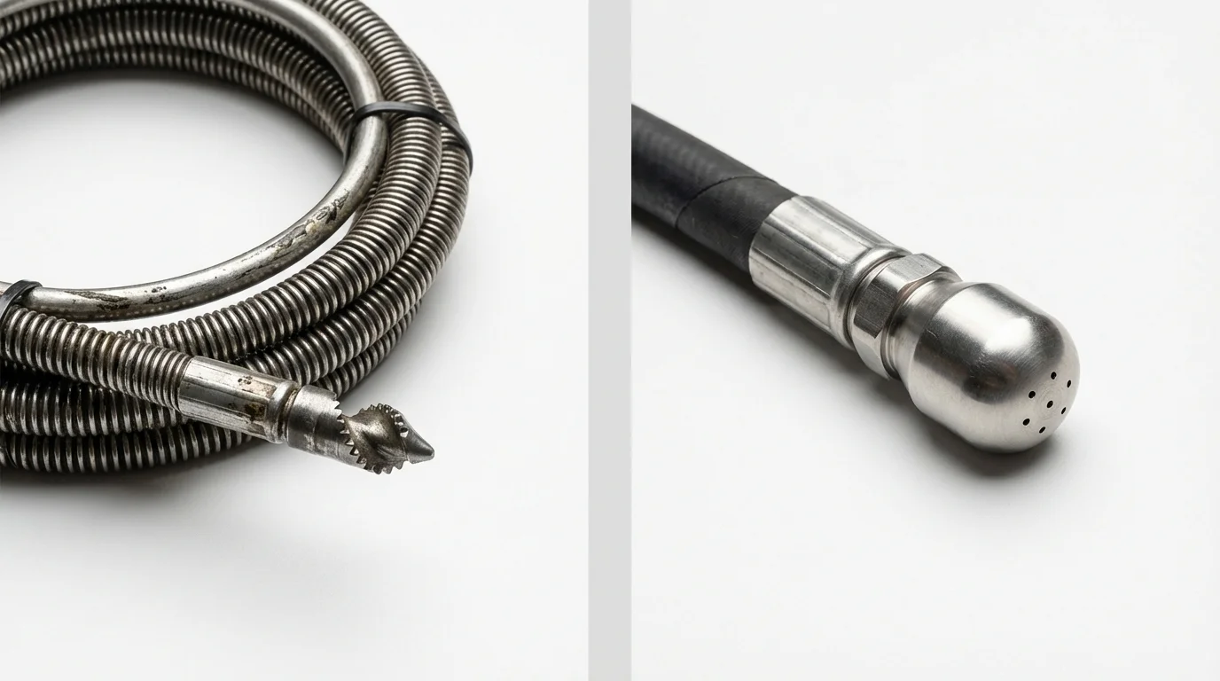 Drain snake cable and hydro jetting nozzle used for drain cleaning in Mountain View, HI