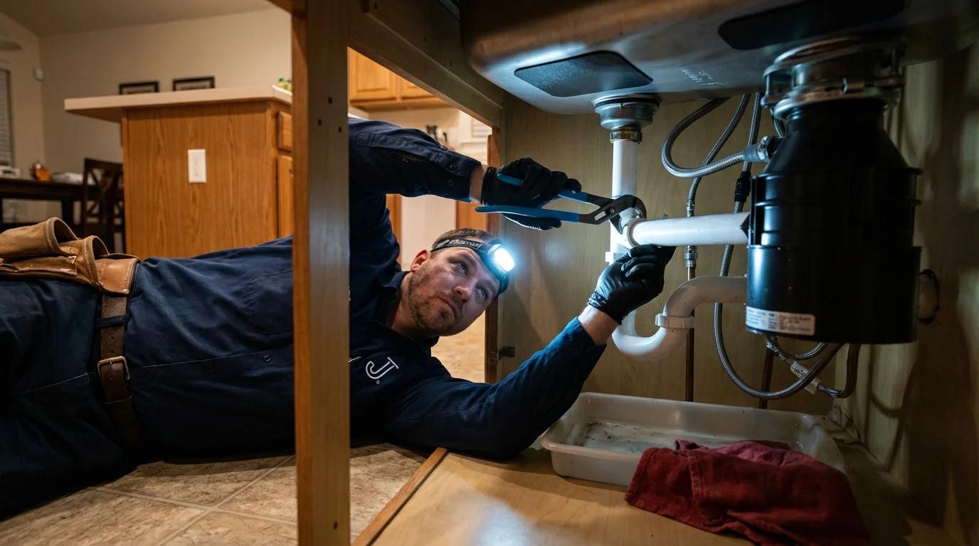 P-trap and supply line connections under a kitchen sink showing a common leak point in Mountain View, HI